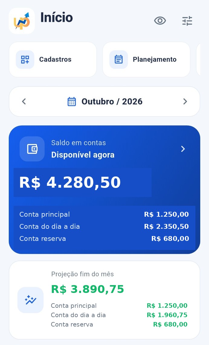 Tela Início do Up Controle Financeiro com dados ilustrativos