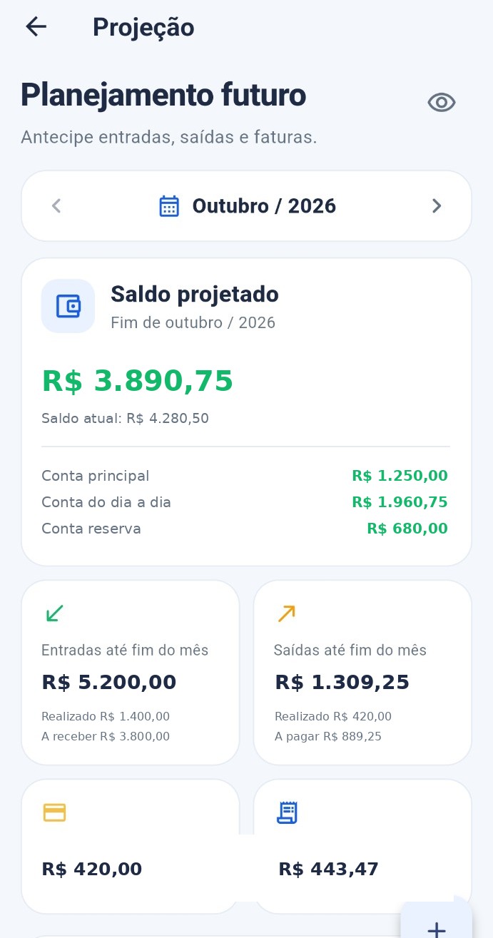 Tela de Projeção do Up Controle Financeiro com dados ilustrativos