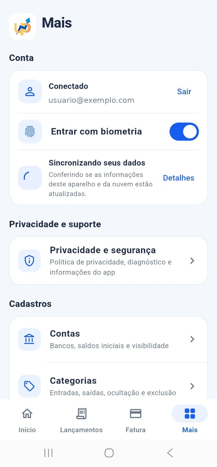 Tela real do Up Controle Financeiro mostrando biometria, sincronização e acesso à área de privacidade e segurança
